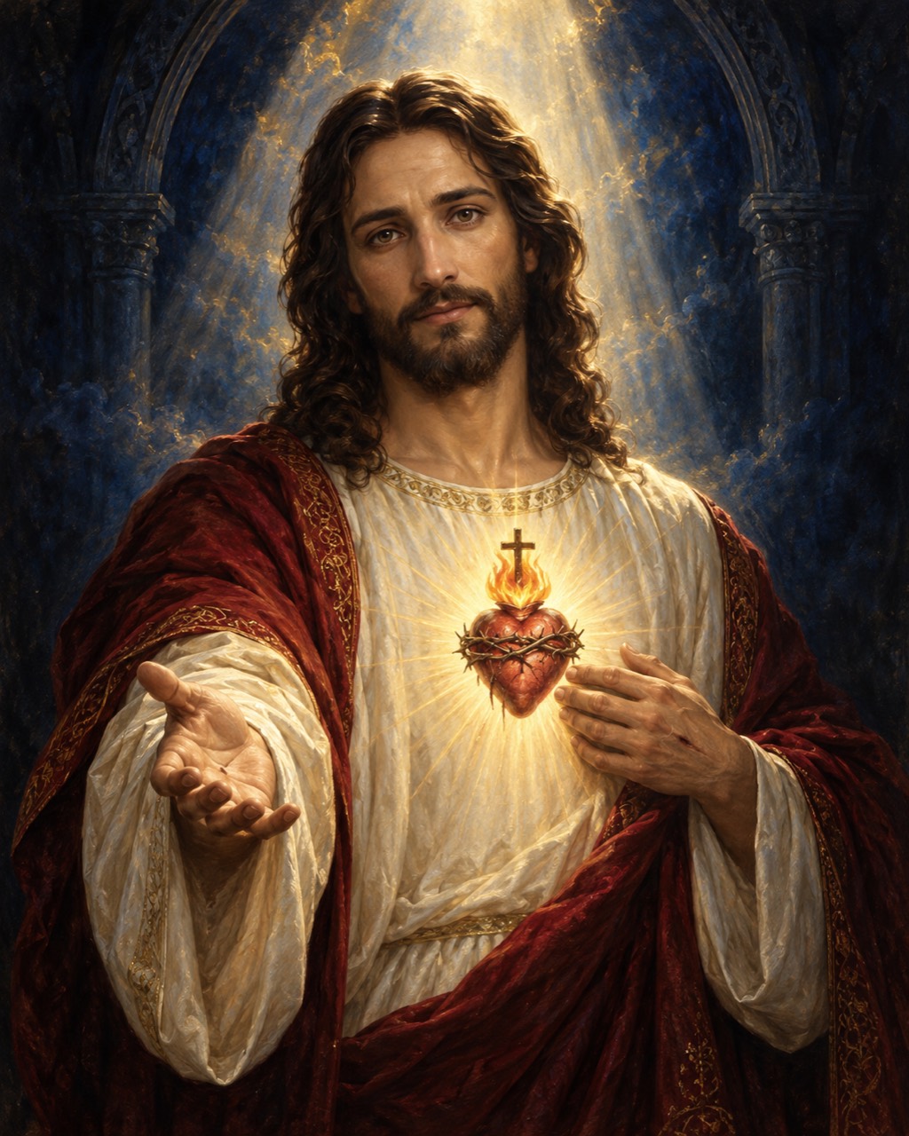 The Sacred Heart of Jesus, with His hand extended in welcome